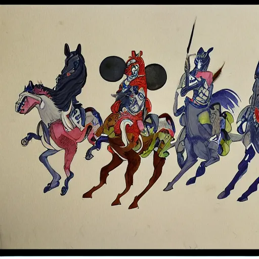 Prompt: four horsemen of apocalypse, in style of traditional japanese watercolor painting