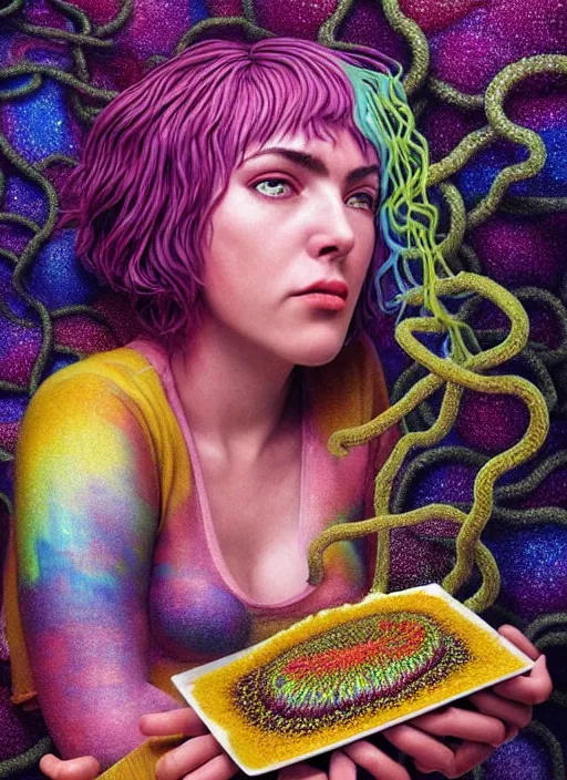 Image similar to hyper detailed 3d render like a Oil painting - Ramona Flowers with wavy black hair wearing thick mascara seen Eating of the Strangling network of colorful yellowcake and aerochrome and milky Fruit and Her staring intensely delicate Hands hold of gossamer polyp blossoms bring iridescent fungal flowers whose spores black the foolish stars by Jacek Yerka, Mariusz Lewandowski, cute kawaii silly face, Houdini algorithmic generative render, Abstract brush strokes, Masterpiece, Edward Hopper and James Gilleard, Zdzislaw Beksinski, Mark Ryden, Wolfgang Lettl, Dan Hiller, hints of Yayoi Kasuma, octane render, 8k