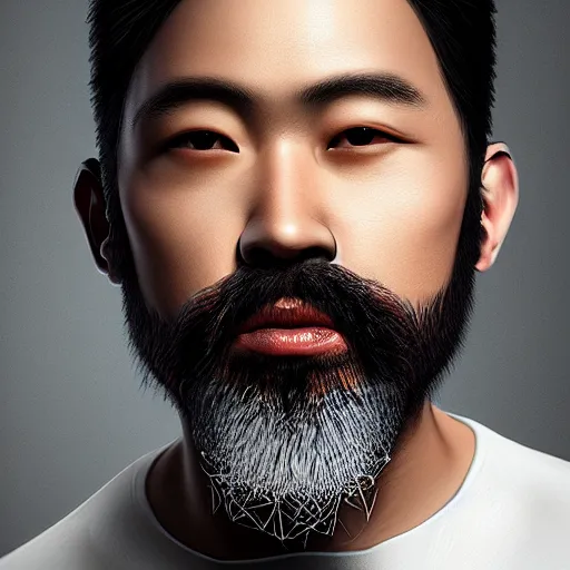 Prompt: of male portrait. creative. asian, inquisitive, beard, sarcastic. contrary. big. high details, photorealistic. artstation trending.