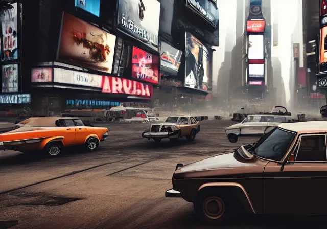 Prompt: opel diplomat and vintage cars in post - apocalyptic times square, grand theft auto, photorealistic hyperdetailed 3 d matte painting, hyperrealistic, cinematic, unrealengine octane render, silent hill,