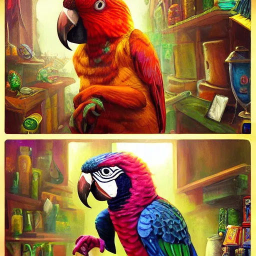 Image similar to Magic the gathering artwork of Anthropomorphized parrot shopkeeper in his fully stocked shop, shelves full, selling a gem, portrait, items, magic potions, carpet, window, fancy funny hat, sly expression , cunning expression, cute expression, presenting magic gem, D&D, fantasy, cinematic lighting, highly detailed, digital painting, artstation, concept art, smooth, sharp focus, illustration, warm light, cozy warm tint, magic the gathering artwork, volumetric lighting, 8k, no gold, no gold colours, art by Akihiko Yoshida and Greg Rutkowski