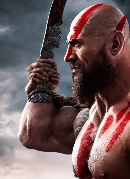 Image similar to film still, a highly detailed beautiful closeup photo of dwayne johnson kratos hybrid god of war holding a sword and fighting zombies on a pile of human skulls, spartan warrior, olympian god, muscular!,, action pose, ambient lighting, volumetric lighting, octane, fantasy