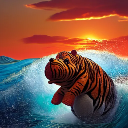 Image similar to a closeup photorealistic photograph of a cute smiling knitted tiger hippopotamus riding a large wave at sunset. surf in the background. professional capture. brightly lit scene. this 4 k hd image is trending on artstation, featured on behance, well - rendered, extra crisp, features intricate detail, epic composition and the style of unreal engine.