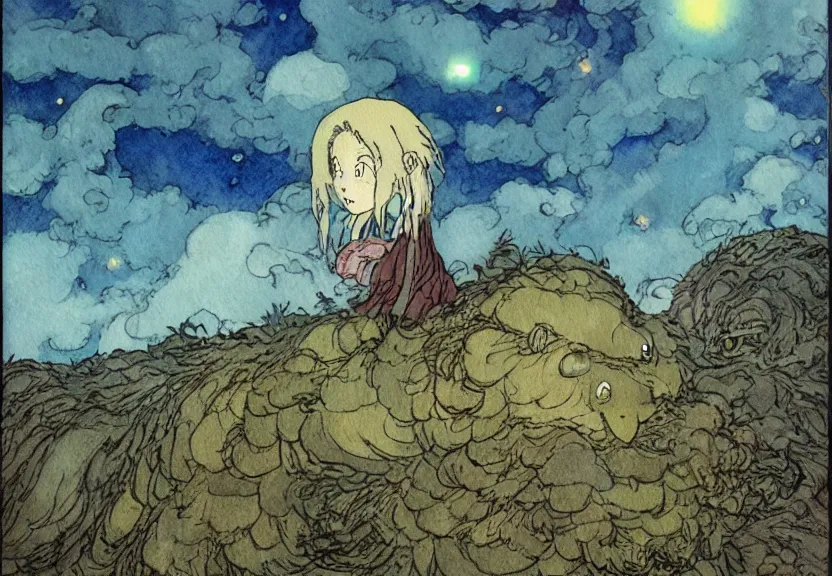 Image similar to a simple watercolor studio ghibli movie still fantasy concept art of a giant shaman from howl's moving castle ( 2 0 0 4 ) on the moors of ireland. it is a misty starry night. by rebecca guay, michael kaluta, charles vess