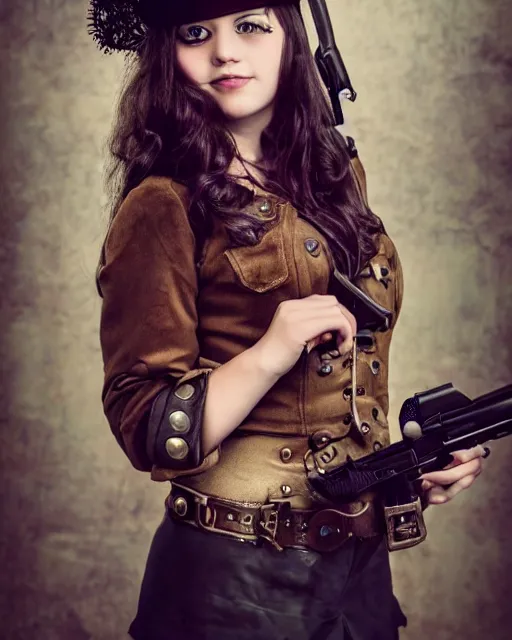 Image similar to Young girl in steampunk clothes, she wears boots and holds a gun, full body shot, sharp focus, photography, very detailed, dark hair, by nikon, by Iphone, 4k