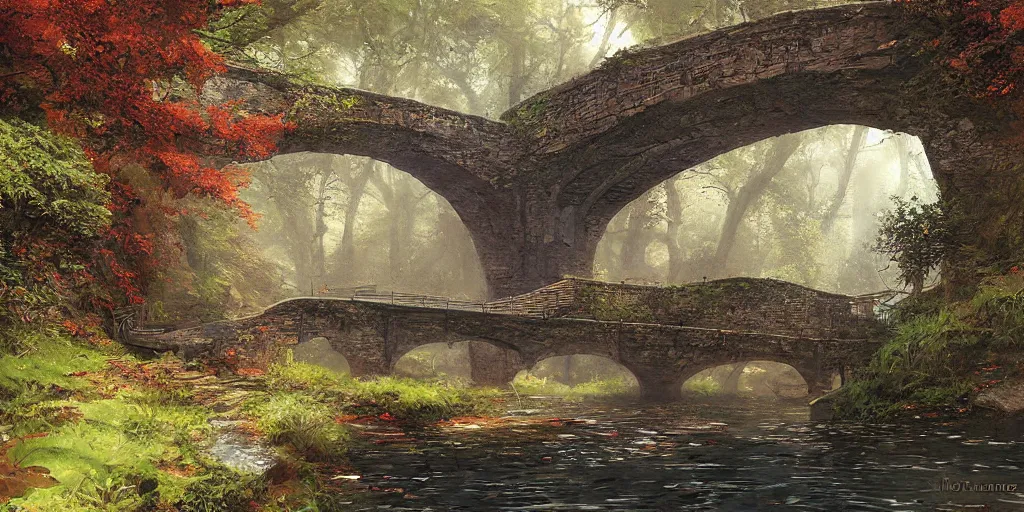 Prompt: bridge over a calm stream by Marc simonetti