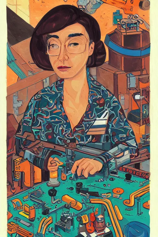 Prompt: portrait of an engineer woman fixing the samsara core cluster, fine portrait, concept art, in the style of brecht evens