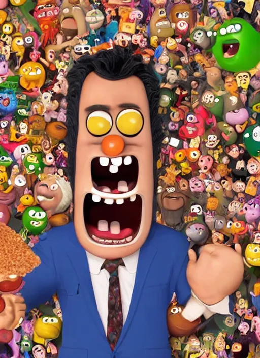 Image similar to hyperrealistic mark ruffalo caricature screaming on a dartboard surrounded by big fat frankfurter sausages with a trippy surrealist mark ruffalo screaming portrait on The Amazing World of Gumball by and memphis group and aardman animation, mark ruffalo caricature dartboard with hot dogs, mascot, target reticles, dart board