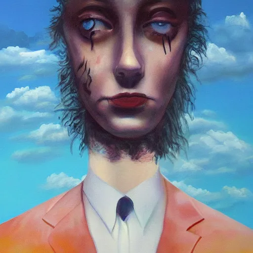 Image similar to Head in the clouds, surreal painting, trending on artstation