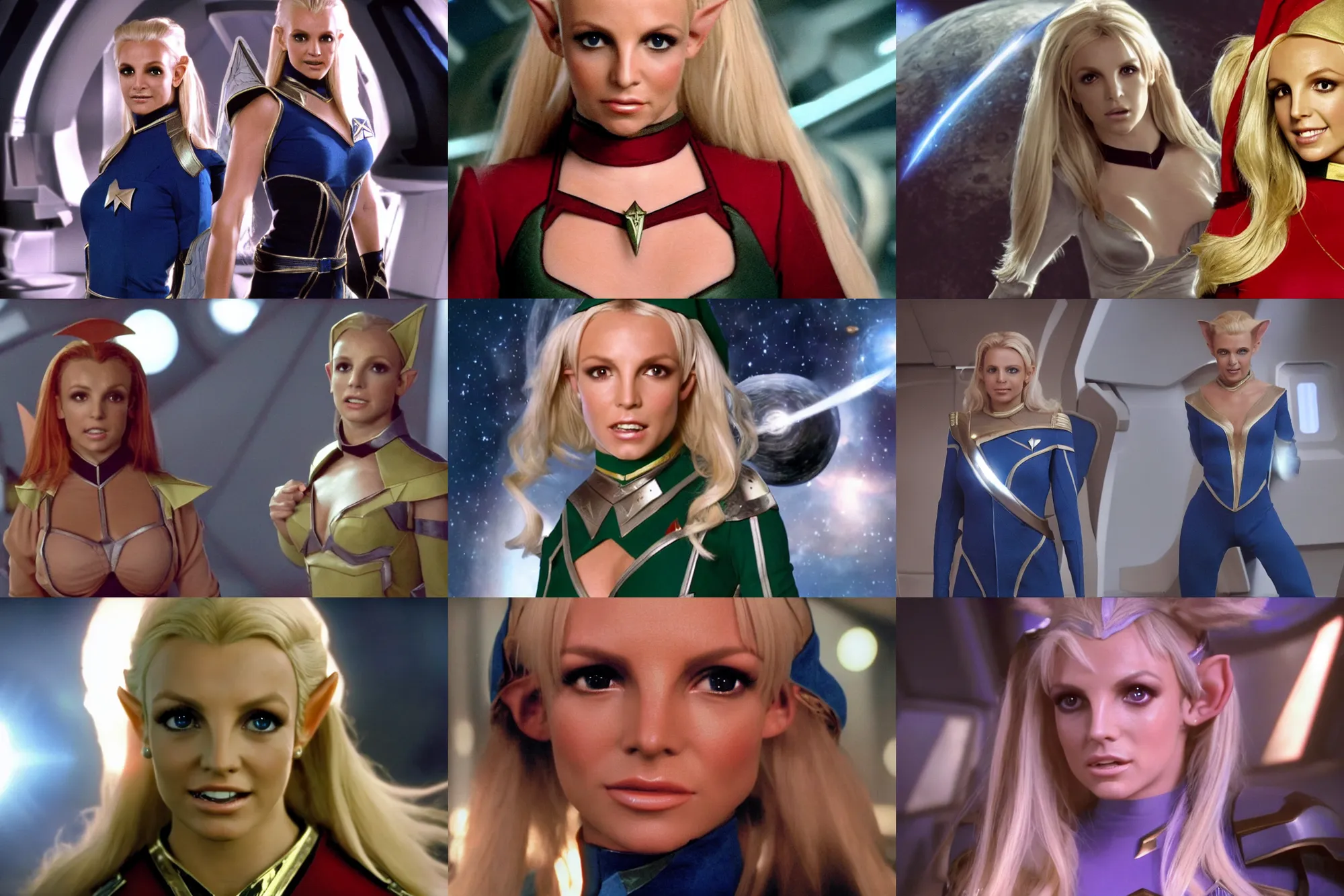 Prompt: 4K video of young attractive high-fantasy elf (played by Britney Spears) in a Starfleet uniform in Star Trek, scene where she is on Deep Space Nine, soft light, cinematic lighting, sharp