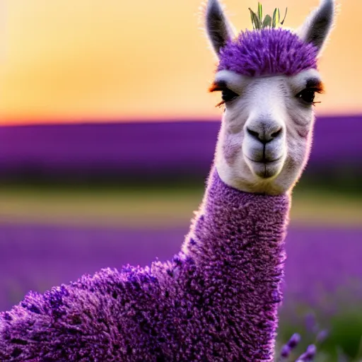 Prompt: lavender llama sitting in a field at sunset, 4k, hd, photorealistic