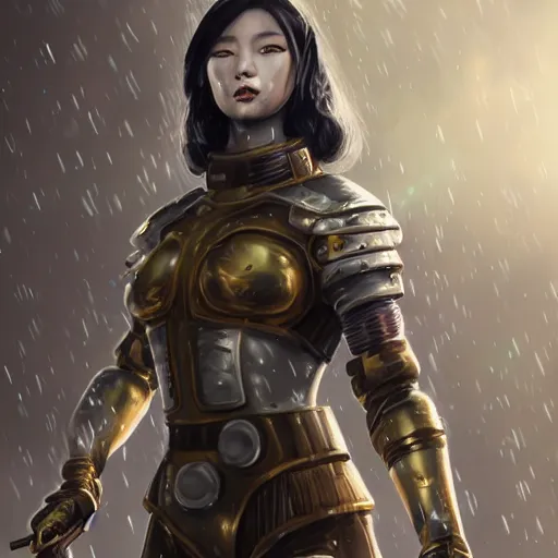 Prompt: An epic fantastic realism comic book style portrait painting of a female cyber warrior, tzuyu from twice, dieselpunk armor, long fluffy hair, porcelain pale skin, cyberpunk color raining tokyo everywhere, Concept world Art, unreal 5, DAZ, hyperrealistic, octane render, cosplay, RPG portrait, dynamic lighting