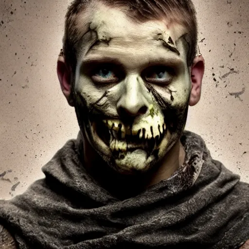 Prompt: head and shoulders photo portrait of a male medieval villager zombie, d & d