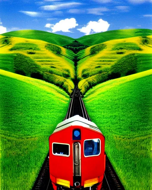 Image similar to strange. a train traveling through a lush green countryside, an album cover by ian hamilton finlay, tumblr, expressionism, windows xp, strange, ue 5
