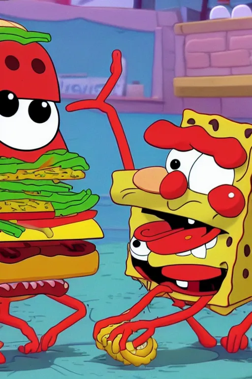 Image similar to sifi spongebob fight mr crabs for a burger