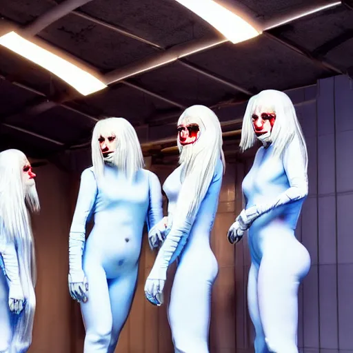 Image similar to troop of freak show women with white apache hairdos, white hair, tight light blue neopren suits, futuristic production facility, sci - fi, highly detailed, cinematic