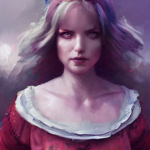 Prompt: closeup portrait of alice in wonderland, dramatic lighting, city background, chiaroscuro, high detail, painted by greg rutkowski, painted by igor kieryluk, painted by bobby chiu, trending on artstation