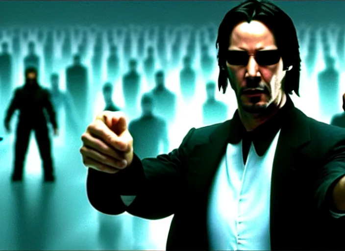 Image similar to A photo of Keanu Reeves as Neo in The Matrix movie doing a thumb up to the camera in front on burning servers, servers in flames in the background, happy system administrator doing a thumb up, uncropped, full body, crispy, ultra detailed