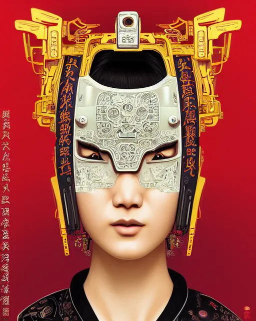 Image similar to portrait of a cyberpunk machine, machine face, upper half portrait, decorated with chinese opera motifs, asian, fine china, traditional chinese art, intricate, elegant, highly detailed, symmetry, headpiece, digital painting, artstation, concept art, smooth, sharp focus, illustration, art by artgerm and greg rutkowski and alphonse mucha, 8 k