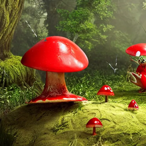 Image similar to a nature photo of a cute fury monster eating bugs for lunch while sitting on a red mushroom in the fantasy forest, extremely detailed, wide shot, sharp and detailed, Octane render