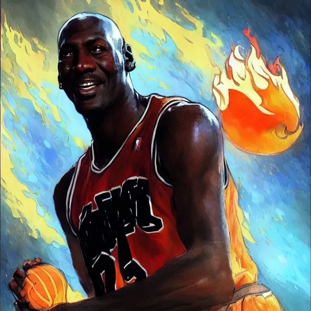 Prompt: michael jordan as a firebender, portrait, elegant, intricate, digital painting, artstation, concept art, smooth, sharp focus, illustration, art by konstantin korovin and daniel f. gerhartz and john howe