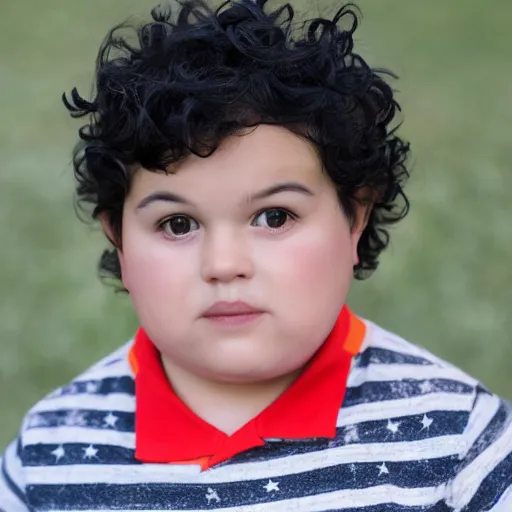 Prompt: a chubby boy with curly black hair and a red shirt with a yellow star on it