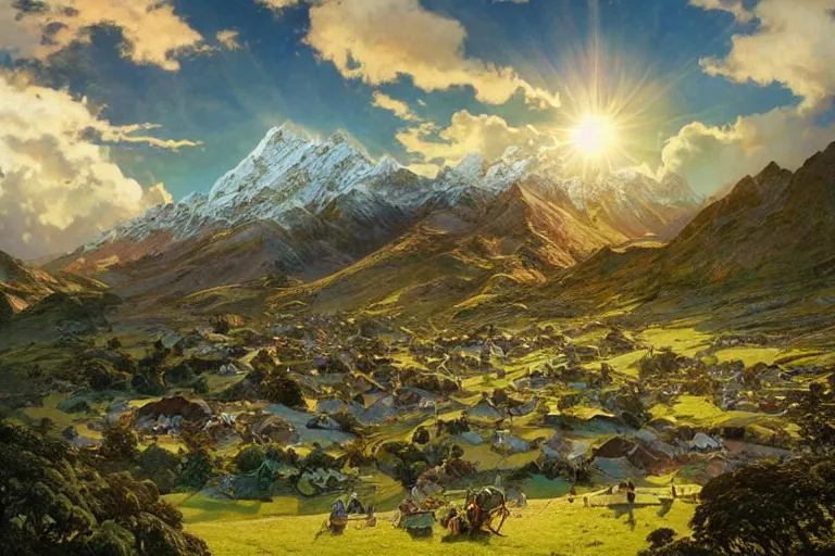 Image similar to a lord of the rings village in large new zealand landscape, shiny colors, high - key lighting, beautiful composition, intricate, elegant, pro photography by, highly detailed, art by artgerm and greg rutkowski and alphonse mucha