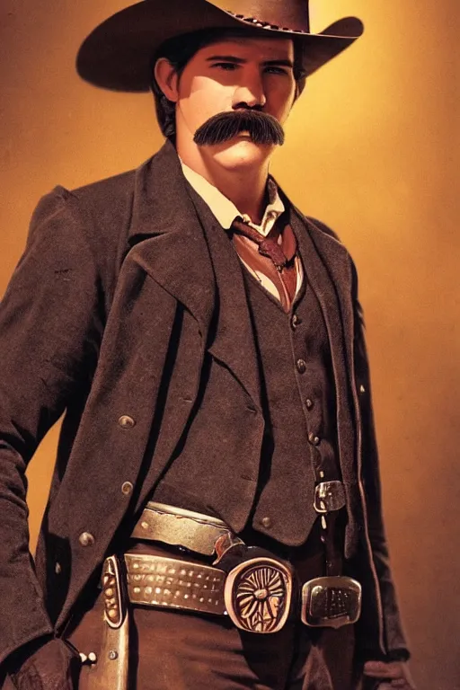 Image similar to highly photorealistic matte portrait of young val kimer as wyatt earp from tombstone set against a western town, intricate detail, attention to details, warm color scheme, volumetric lighting