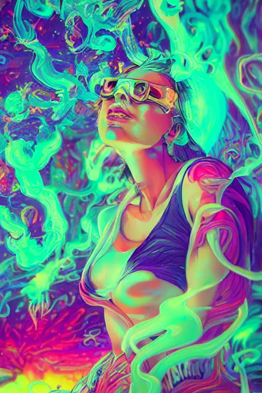 Image similar to a beautiful woman engulfed in colorful liquid clouds and neon smoke, extremely psychedelic experience, psilocybin, dmt, lsd, perfect face, highly detailed, artstation, concept art,, sharp focus, digital art by hana yata, and artem demura and beeple, lisa frank, cyberpunk, octane render, unreal engine, 8 k