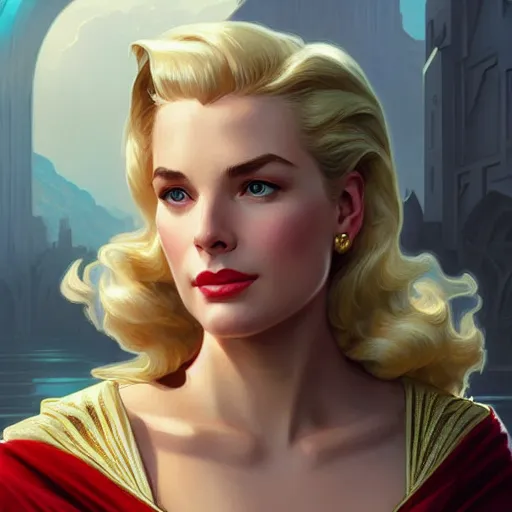 Image similar to Blonde Grace Kelly as Super Girl, western, D&D, fantasy, intricate, elegant, highly detailed, digital painting, artstation, concept art, matte, sharp focus, illustration, art by Artgerm and Greg Rutkowski and Alphonse Mucha