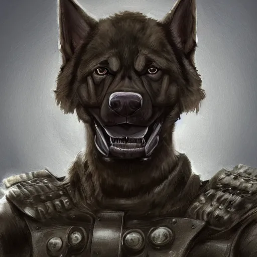 Image similar to a humanoid german shepherd beast - man in military style, sitting on the carpeted floor beside a bed, highly detailed portrait, digital painting, artstation, concept art, smooth, sharp foccus ilustration, artstation