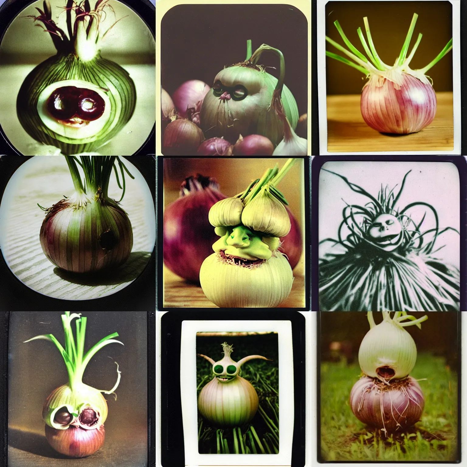 Prompt: vintage polaroid photo of onion demon, demon onion hybrid, surrounded by onions and flesh