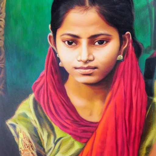 Prompt: portrait of a beautiful teen assamese ethnic north east india, oil painting,