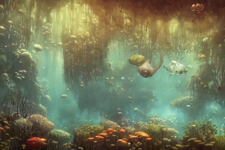 Image similar to Fantastical underwater forest by Shaun Tan and Eywind Earle, trending on artstation