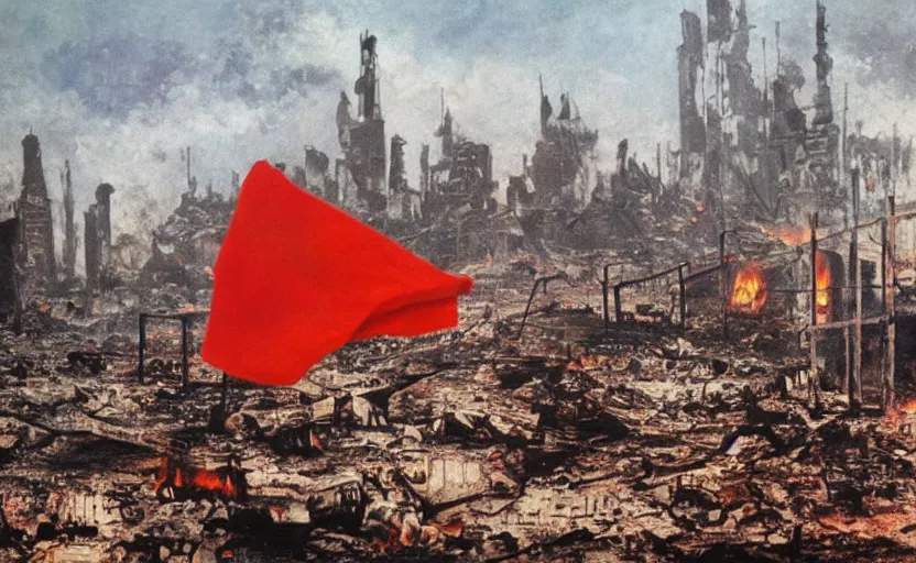 Prompt: a lego toy standing with red flag in a destroyed burning soviet city, everything is burning, oil on canvas, by ivan shishkin