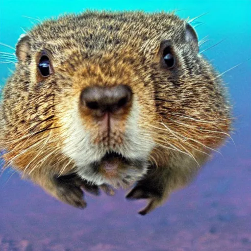 Image similar to a groundhog diving, realistic, underwater bubbles