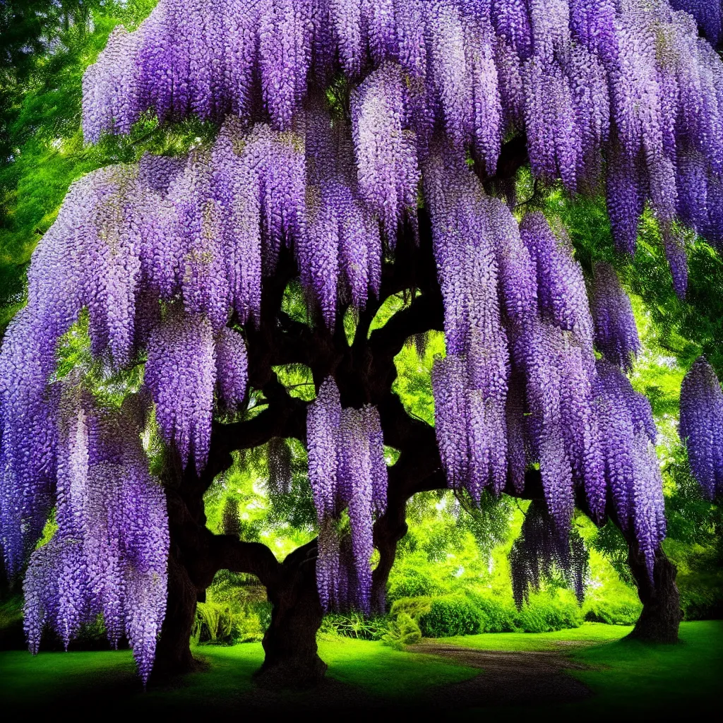 Image similar to full shot of wisteria tree on a black background. backlit. muted colors. fantasy magic style. highly detailed 8 k. intricate. lifelike. epic. movie poster. soft light. sony a 7 r iv 5 5 mm. cinematic post - processing