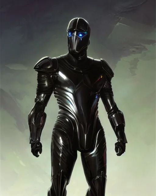 Image similar to iridescent wiry smooth muscular male sleek glossy black pearlescent scifi armor with smooth black featureless helmet, by greg rutkowski and mark brookes and jim burns and tom bagshaw and magali villeneuve, trending on artstation