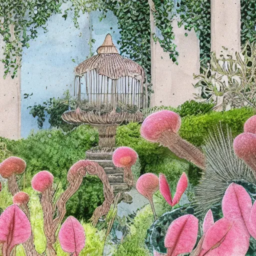 Image similar to delicate garden on paper, spirals stony, floating robes, puffy, vines, botanical herbarium, botanic watercolors, coastline, iridescent, 8 k wide angle, realistic shaded, fine details, artstation, italian, rainbow, colonnade, oak, pinecone, gardena architecture, pompeii, naples, sicilian, boundary walls