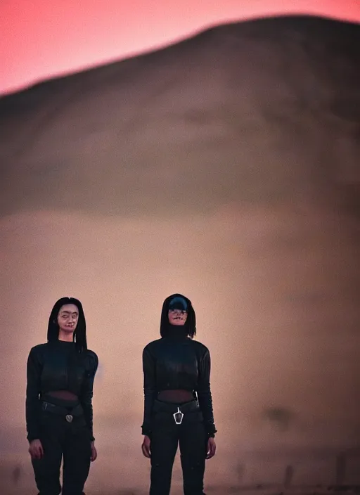 Prompt: cinestill 5 0 d 3 5 mm photographic portrait of two loving female androids wearing rugged black techwear on a desolate plain with a red sky, extreme closeup, lizard on ground, cyberpunk style, a brutalist dark metal facility in background, dust storm, 8 k, high resolution, f / 3. 2, ultra realistic faces