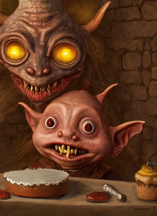 Prompt: highly detailed closeup portrait of a medieval goblin's cake kitchen, unreal engine, nicoletta ceccoli, mark ryden, earl norem, lostfish, hyung tae, frank frazetta, global illumination, detailed and intricate environment