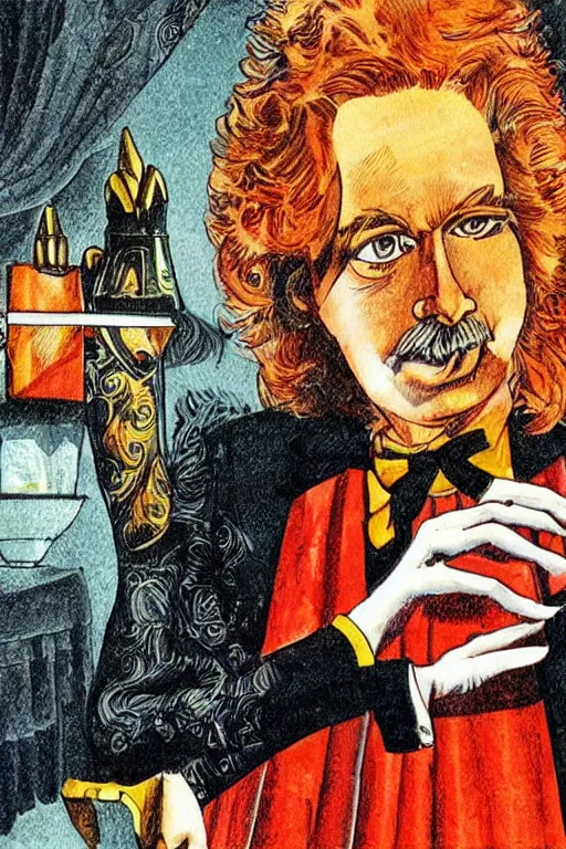 Image similar to detailed illustration of a great magician, 1 9 8 0 s