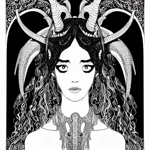 Image similar to filigree detailed illustration portrait of a profile of gypsy half - girl half - goat with long curly hair and big goat horns on her head, aubrey beardsley, tomer hanuka, makoto shinkai