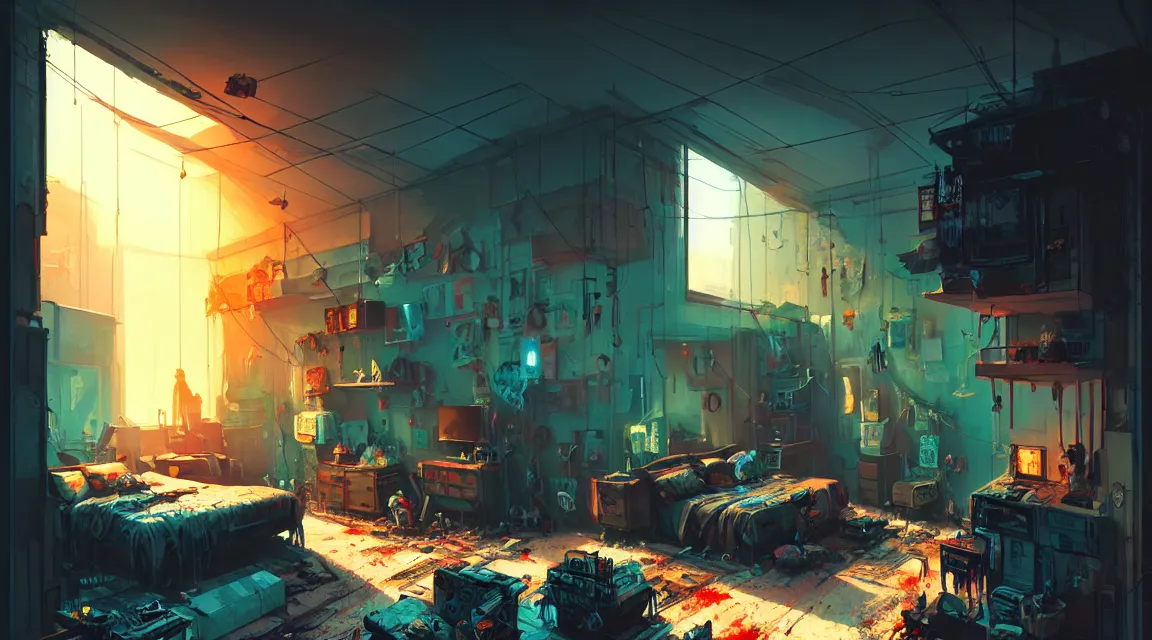 Prompt: post apocalyptic bedroom interior, apartment interior, human silhouettes, furniture, interior decoration, by pascal blanche, neil blevins, trending on artstation, vibrant color scheme, photorealistic, hyper detailed, hyper realistic, cyberpunk