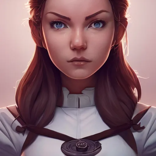 Prompt: epic portrait an beautiful waitress in a white uniform and short sleeves carriyng coffee, front facing symmetrical centered painted portrait, just one head, Elisha Cuthbert as a D&D Paladin, RPG character avatar, Blizzard concept art, pixar, dreamworks, global illumination lighting, trending on artstation, by lois van baarle, ilya kuvshinov, rossdraws