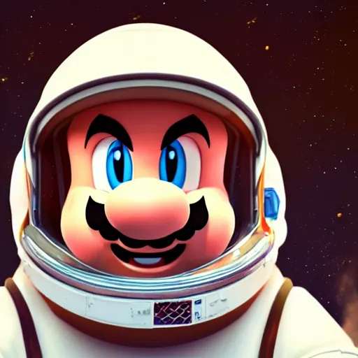 Prompt: A hyper real comic book style portait painting of Super Mario in an astronaut suit, unreal 5, hyperrealistic, octane render, cosplay, RPG portrait, dynamic lighting