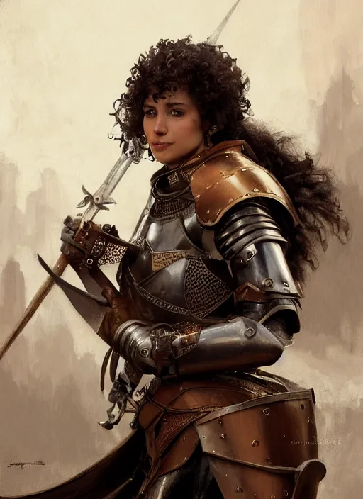 Image similar to medium-length portrait of a female knight with short curly hair and brown eyes, dark brown skin, happy expression, wears a combination of plate armor and boiled leather, medieval setting, highly detailed, digital painting, artstation, concept art, sharp focus, illustration, art by greg rutkowski and alphonse mucha