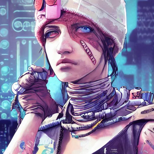 Image similar to highly detailed portrait of a post-cyberpunk south african young lady by Akihiko Yoshida, Greg Tocchini, 4k resolution, mad max inspired, pastel pink, light blue, brown, white and black color scheme with south african symbols and graffiti