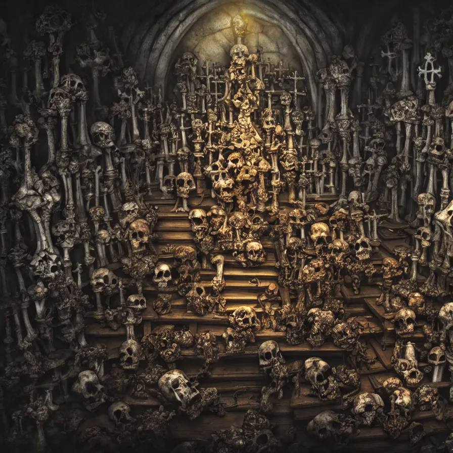 Prompt: full color, low ultrawide interior shot of sedlec ossuary, bones, anime style mixed with fujifilm, oil on canvas, hdr, dark, foggy, atmospheric, artstation, cgsociety, octane render, cgi, denoise, detailed, cinematic masterpiece