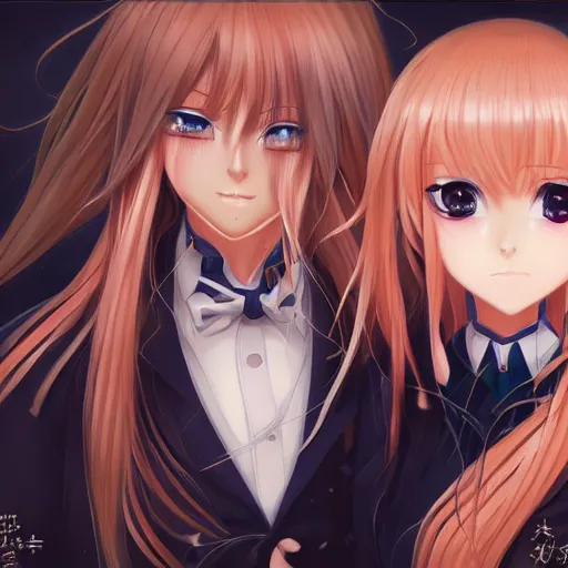 Image similar to blonde anime girl with long hair, wearing headmistress uniform, talking with aloof anime man with emo hair, sharp details, subsurface scattering, intricate details, art by artgerm, anime, anime hd wallpaper, 2 0 1 9 anime screenshot